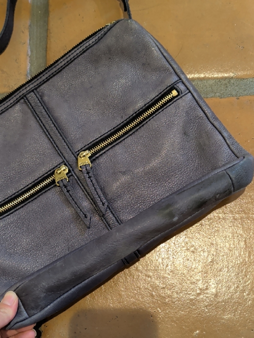 Fossil Navy Leather Crossbody with Gold Hardware - Picture 3 of 5